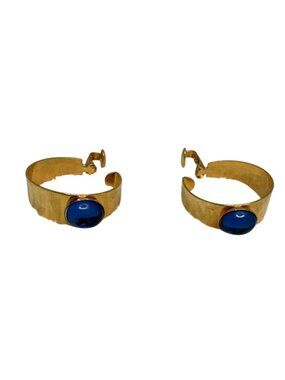Vintage Gold Hoop Clip-On Earrings With Blue Cabochon Stones